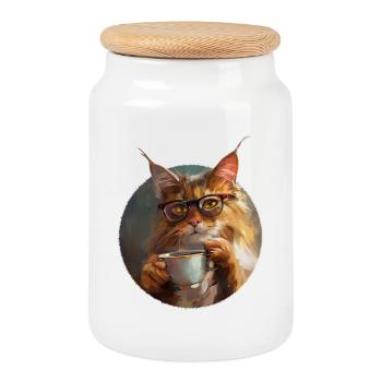 Illustration de Chat avec sa tasse de café - Boîte à biscuits avec couvercle en bois - blanc - Devant