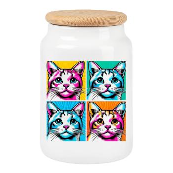 Katze Pop Art - Keksdose mit Holzdeckel - Weiß - Vorne
