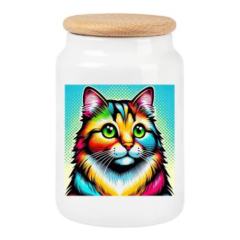 Chat Pop Art - Boîte à biscuits avec couvercle en bois - blanc - Devant