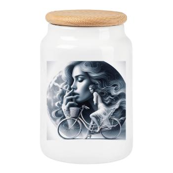 Dreamy Moonlit Cyclist Artwork - Cookie Jar with Wooden Lid - white - Front