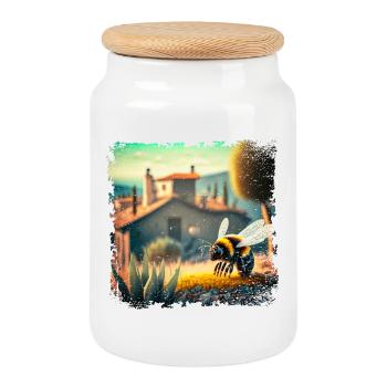 sonnige mediterrane Landschaft und eine Biene - Keksdose mit Holzdeckel - Weiß - Vorne