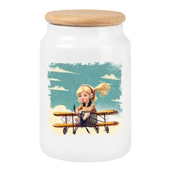 Mädchen sitzt auf einem Doppeldecker | Fantasy - Keksdose mit Holzdeckel - Weiß - Vorne