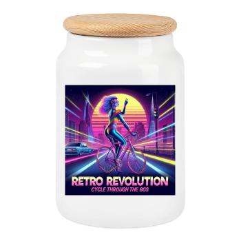 Retro-Revolution - 80er Jahre Poster - Mädchen auf dem Fahrrad - Keksdose mit Holzdeckel - Weiß - Vorne