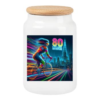 80er Jahre Radsport-Abenteuer Neon-Mädchen-Fahrrad im Retro-Stil - Keksdose mit Holzdeckel - Weiß - Vorne