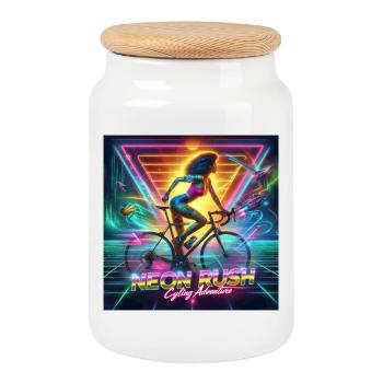 Neon Rush - Affiche de style cyclisme fille des années 80 - Boîte à biscuits avec couvercle en bois - blanc - Devant