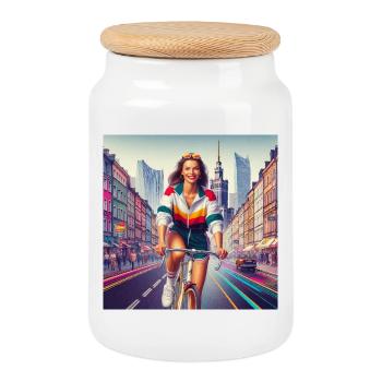 Warsaw Cycling Retro Girl Iconic style of the 80s - Cookie Jar with Wooden Lid - white - Front