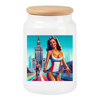Warschau - Retro-Mädchen, das im klassischen Stil der 80er Jahre Rad fährt - Keksdose mit Holzdeckel - Weiß - Vorne