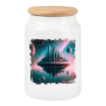 ville flottante dans l’univers - Boîte à biscuits avec couvercle en bois - blanc - Devant