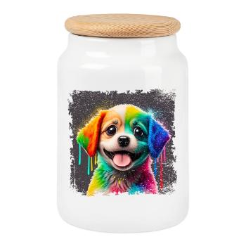 peint joyeux petit chien très coloré - Boîte à biscuits avec couvercle en bois - blanc - Devant