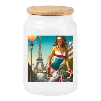 Belle jeune fille à vélo devant la tour Eiffel - Boîte à biscuits avec couvercle en bois - blanc - Devant