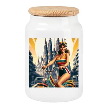 Retro Barcelona: Beautiful Girl on Bike - Cookie Jar with Wooden Lid - white - Front