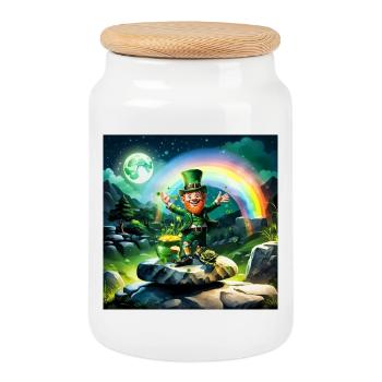 Lustiger glücklicher Kobold mit Regenbogen im Hintergrund. - Keksdose mit Holzdeckel - Weiß - Vorne