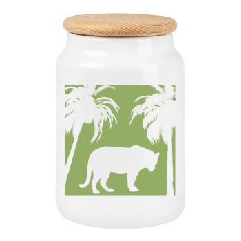 Green jungle and feline silhouette - Cookie Jar with Wooden Lid - white - Front