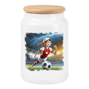 Stade de personnage de dessin animé de footballeuse avec des éclairs - Boîte à biscuits avec couvercle en bois - blanc - Devant