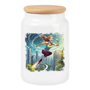 Sporty Woman | running women - Cookie Jar with Wooden Lid - white - Front
