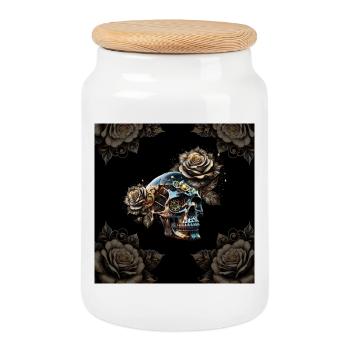 Superbe crâne steampunk sombre avec des roses - Boîte à biscuits avec couvercle en bois - blanc - Devant