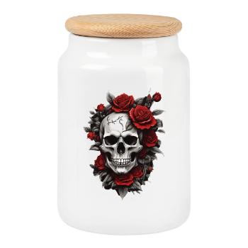 Crâne avec des roses rouges - Boîte à biscuits avec couvercle en bois - blanc - Devant