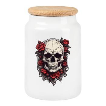 Roses Skull Floral Tattoo - Cookie Jar with Wooden Lid - white - Front