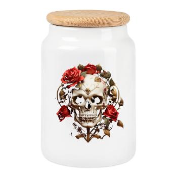 Couronne de crâne rouge rose - Boîte à biscuits avec couvercle en bois - blanc - Devant