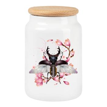 magnificent stag with wings & magnolia blossom - Cookie Jar with Wooden Lid - white - Front