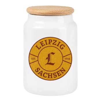 Leipzig Saxony Vintage Seal - Cookie Jar with Wooden Lid - white - Front