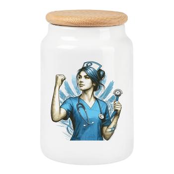 Nurse Victory Pose Gift - Cookie Jar with Wooden Lid - white - Front