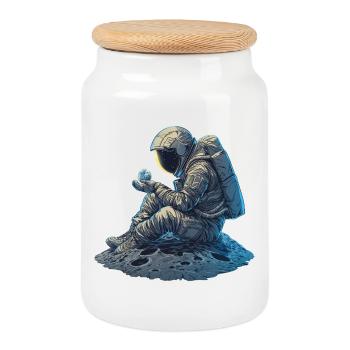 Un astronaute observe la Terre - Boîte à biscuits avec couvercle en bois - blanc - Devant