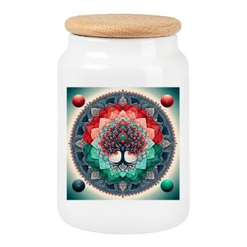 Mandala Tree in Vivid Shades - Cookie Jar with Wooden Lid - white - Front