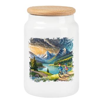 Children on bicycles in mountain landscape - Cookie Jar with Wooden Lid - white - Front