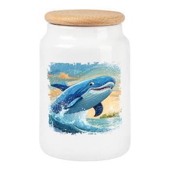 Le rorqual bleu saute hors de l’eau et sourit - Boîte à biscuits avec couvercle en bois - blanc - Devant