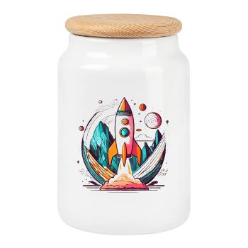 Fusée au design élégant recadrée - Boîte à biscuits avec couvercle en bois - blanc - Devant