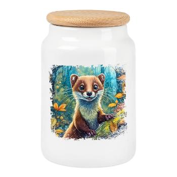 Close-up of a funny marten comic-style - Cookie Jar with Wooden Lid - white - Front