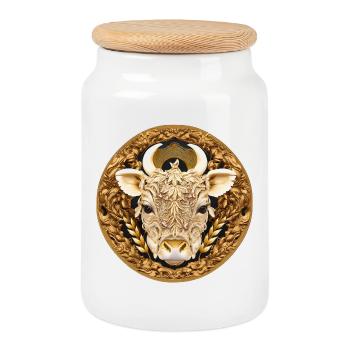 Golden Bull Head Mandala - Cookie Jar with Wooden Lid - white - Front