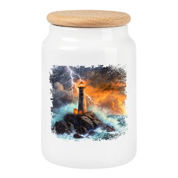 Phare qui brille sur la mer la nuit - Boîte à biscuits avec couvercle en bois - blanc - Devant