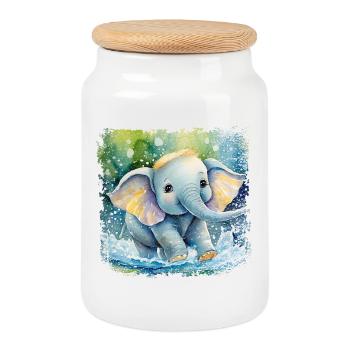 Cute baby elephant playing in the water - Cookie Jar with Wooden Lid - white - Front