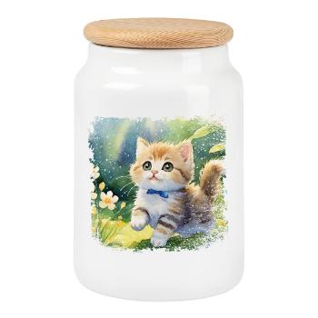 Mignon bébé chat jouant joyeusement dans le jardin - Boîte à biscuits avec couvercle en bois - blanc - Devant