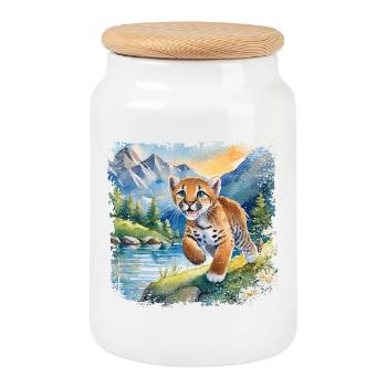 Cute Young Tiger | Children's book style - Cookie Jar with Wooden Lid - white - Front