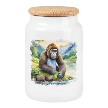 Cute Young Gorilla > Watercolor Painting - Cookie Jar with Wooden Lid - white - Front