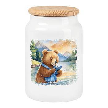 Cute young brown bear with mobile phone - Cookie Jar with Wooden Lid - white - Front