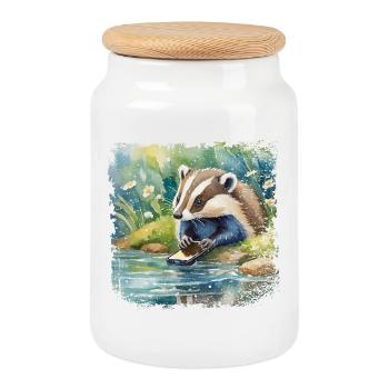 Cute young badger with mobile phone, children's book style - Cookie Jar with Wooden Lid - white - Front