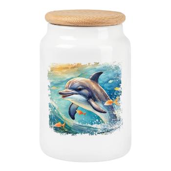 Mignon jeune dauphin dans le style d’un livre pour enfants - Boîte à biscuits avec couvercle en bois - blanc - Devant