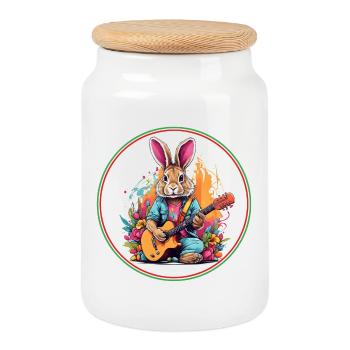 Easter Bunny with Guitar - Cookie Jar with Wooden Lid - white - Front