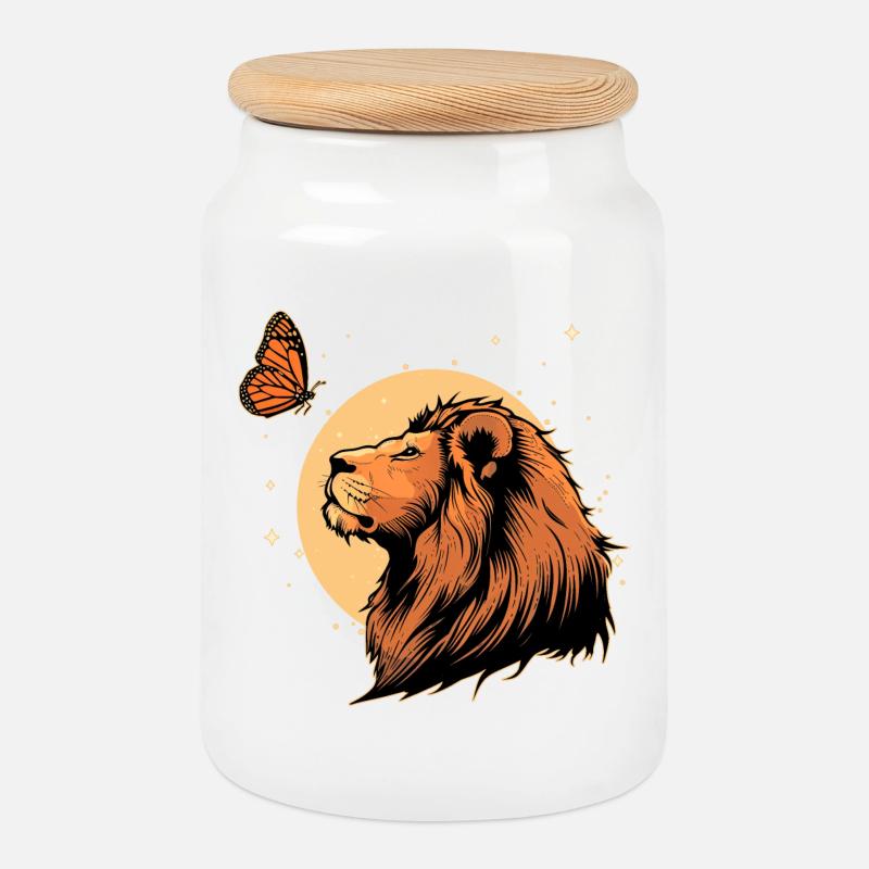 Löwe mit Schmetterling - Keksdose mit Holzdeckel - Weiß