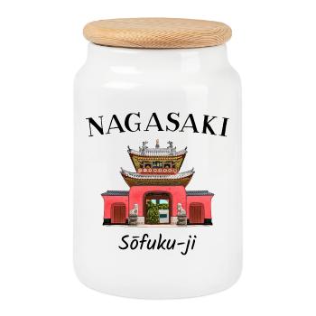 Sofuku-ji Temple, Nagasaki Japan, hand drawing - Cookie Jar with Wooden Lid - white - Front