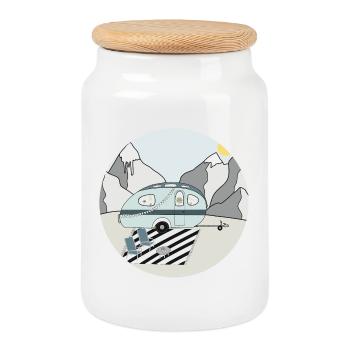 Camping à la montagne avec caravane - Boîte à biscuits avec couvercle en bois - blanc - Devant
