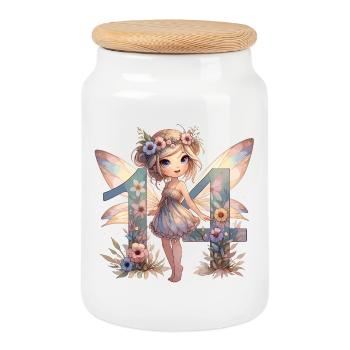 14 Years Fairy Elf Cute Birthday Gift - Cookie Jar with Wooden Lid - white - Front
