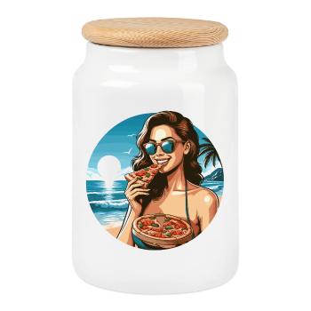 Pizza Beautiful Woman Beach Sunglasses Gift - Cookie Jar with Wooden Lid - white - Front