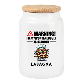 Warning! I could talk about lasagna spontaneously - Cookie Jar with Wooden Lid - white - Front