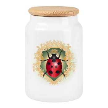 red glowing ladybug with crown in frame - Cookie Jar with Wooden Lid - white - Front