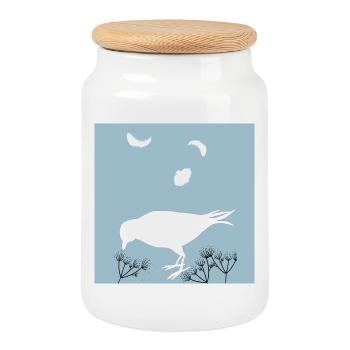 Bird Silhouette and Feathers - Cookie Jar with Wooden Lid - white - Front